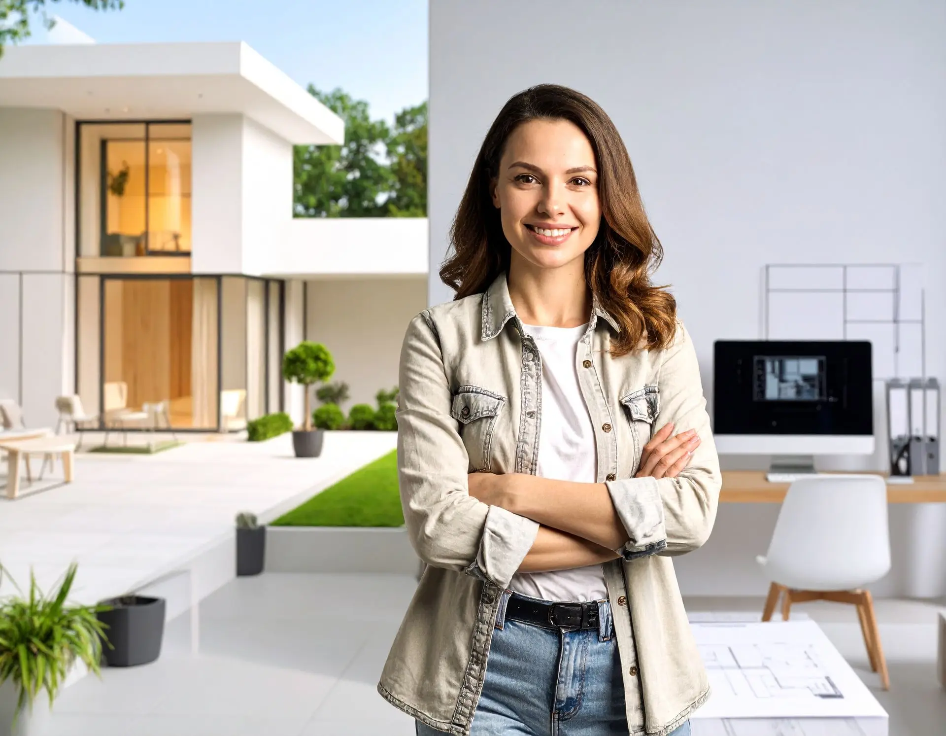 A smiling woman standing in front of a split image with the left side showing a modern home and the right side showing an office with a computer